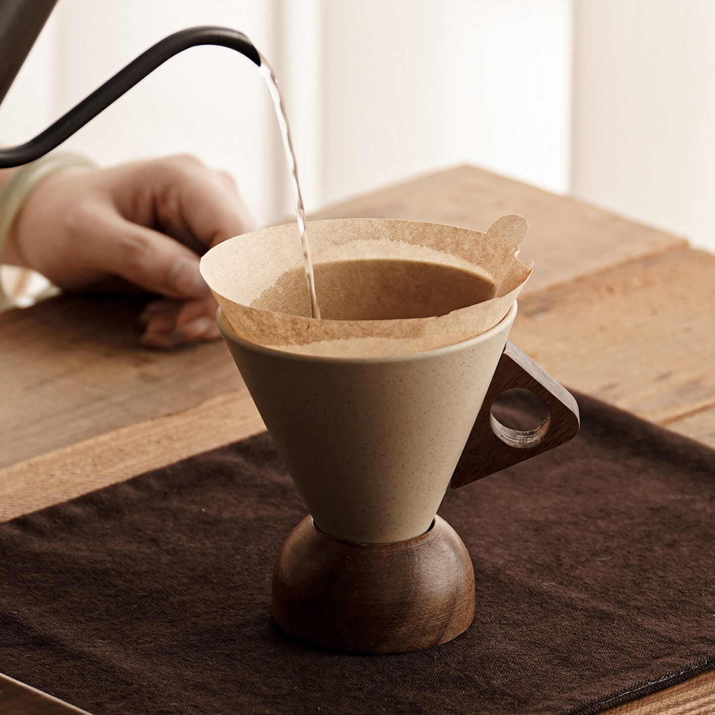 Vintage Handmade Stoneware Funnel Coffee Mug With Wooden Base, 6oz Or 8.5oz Rustic Ceramic Tea Cup, Matte Glaze Pottery Latte Cup For Home Cafe