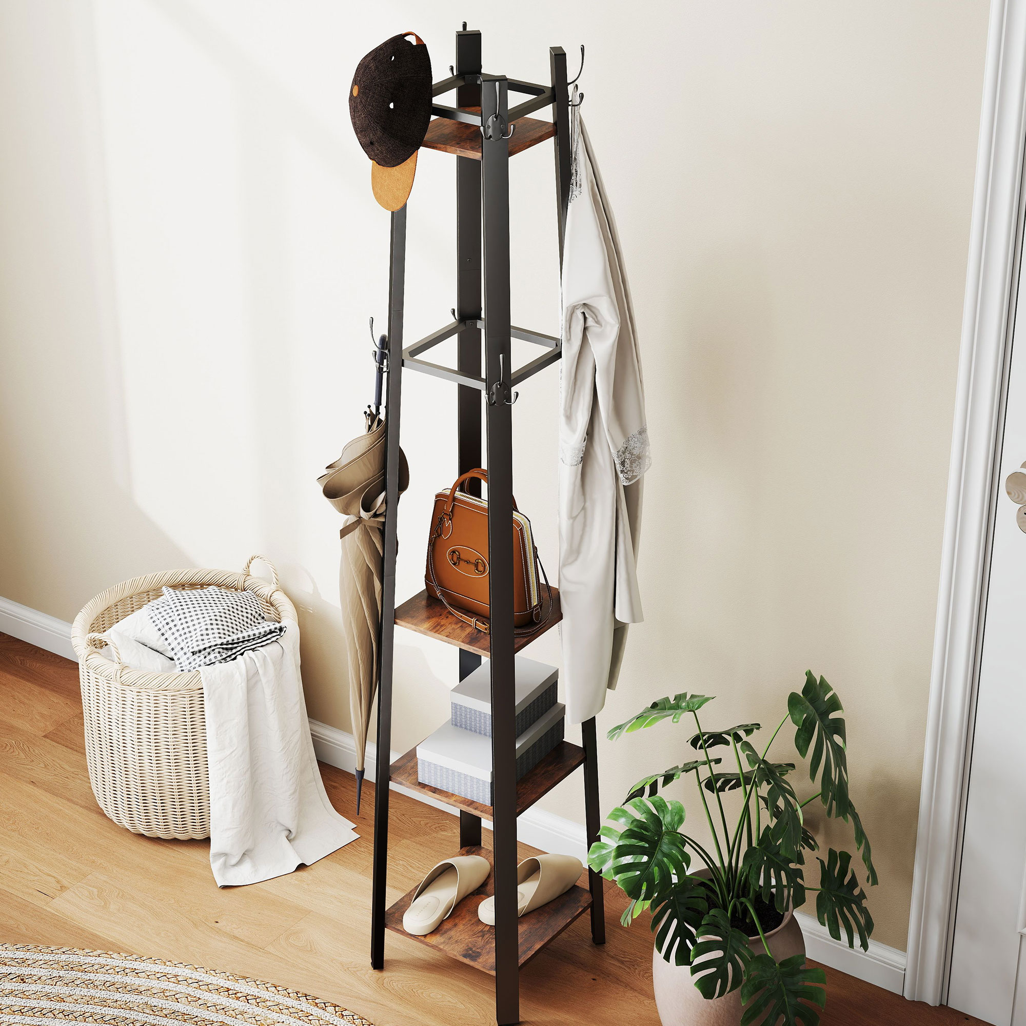 Industrial-Style Four Shelf Coat Stand-Brown/Black