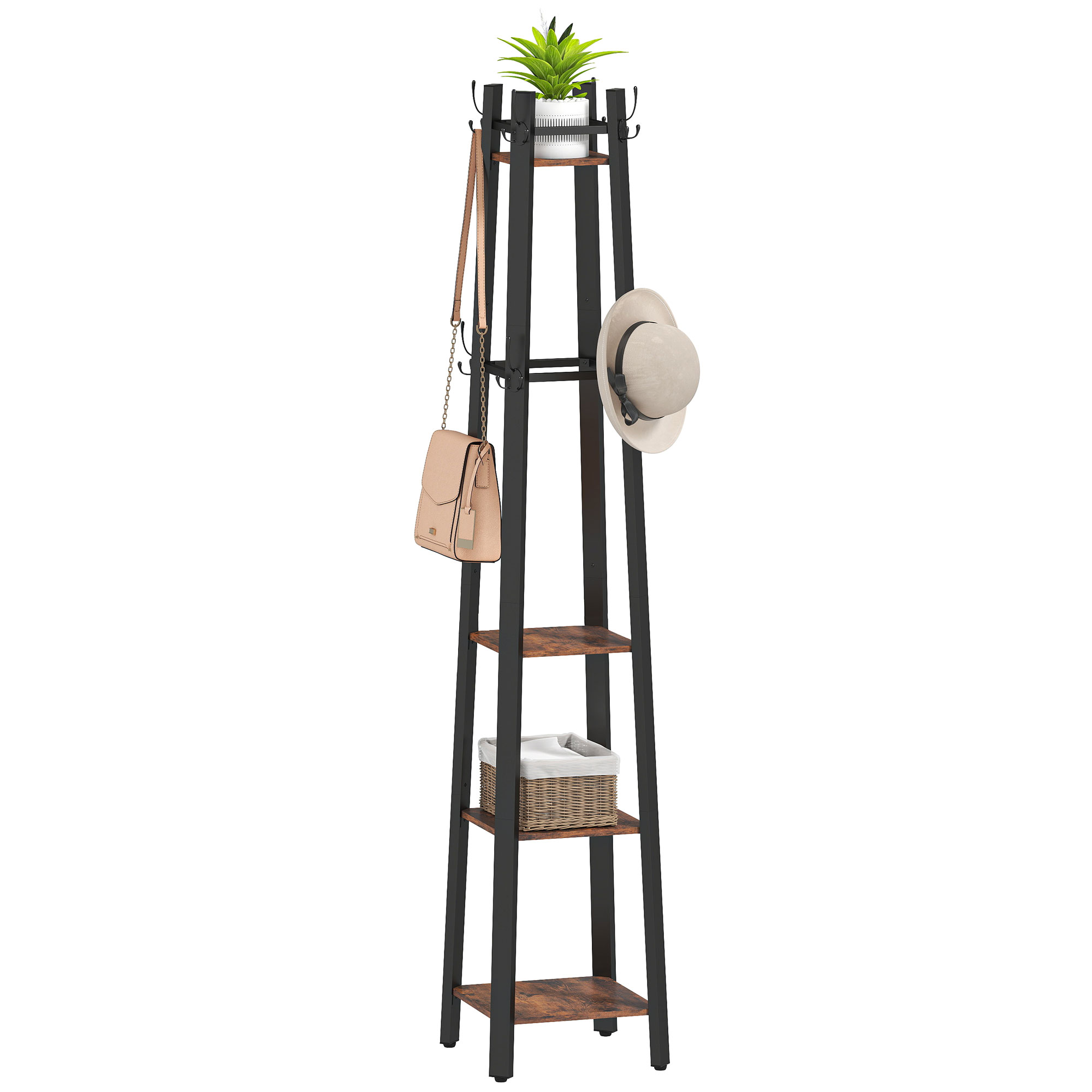 Industrial-Style Four Shelf Coat Stand-Brown/Black