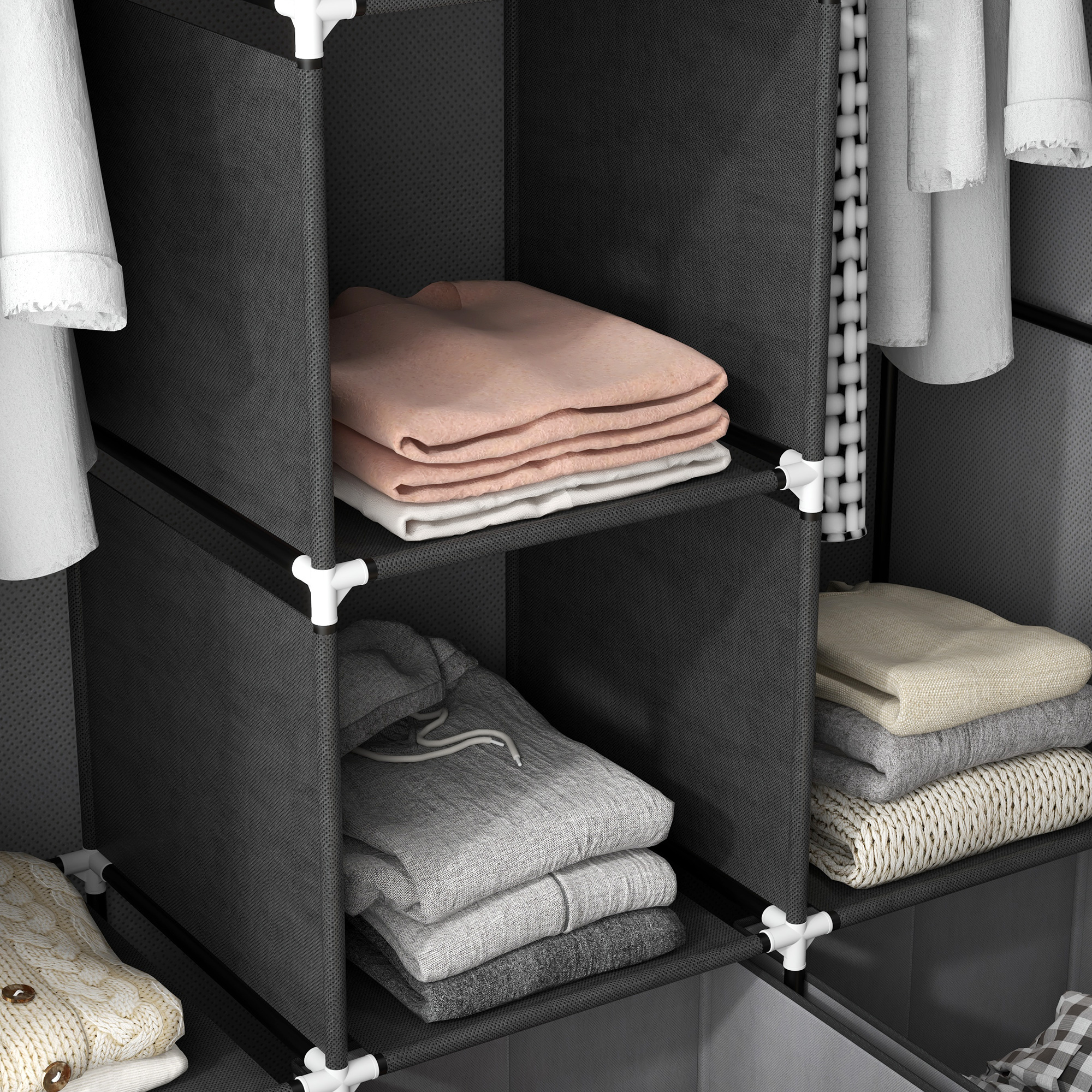 Fabric Wardrobe For Bedroom,Portable Wardrobe With 5 Shelves,2 Hanging Rails And 3 Fabric Drawers,Foldable Closet,125 X 43 X 162.5cm,Dark Grey