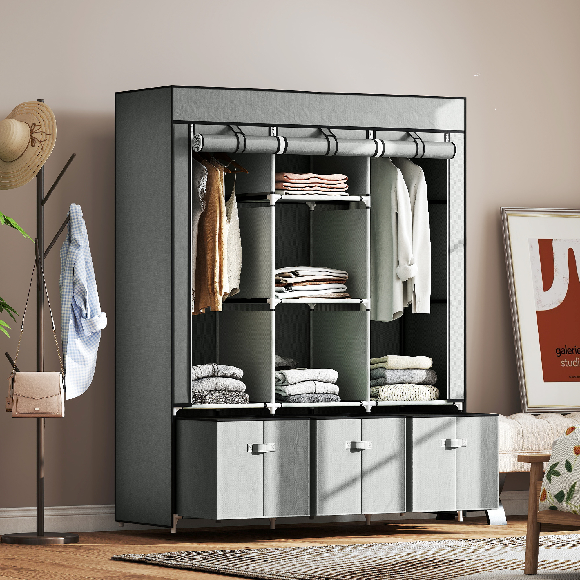 Fabric Wardrobe For Bedroom,Portable Wardrobe With 5 Shelves,2 Hanging Rails And 3 Fabric Drawers,Foldable Closet,125 X 43 X 162.5cm,Light Grey