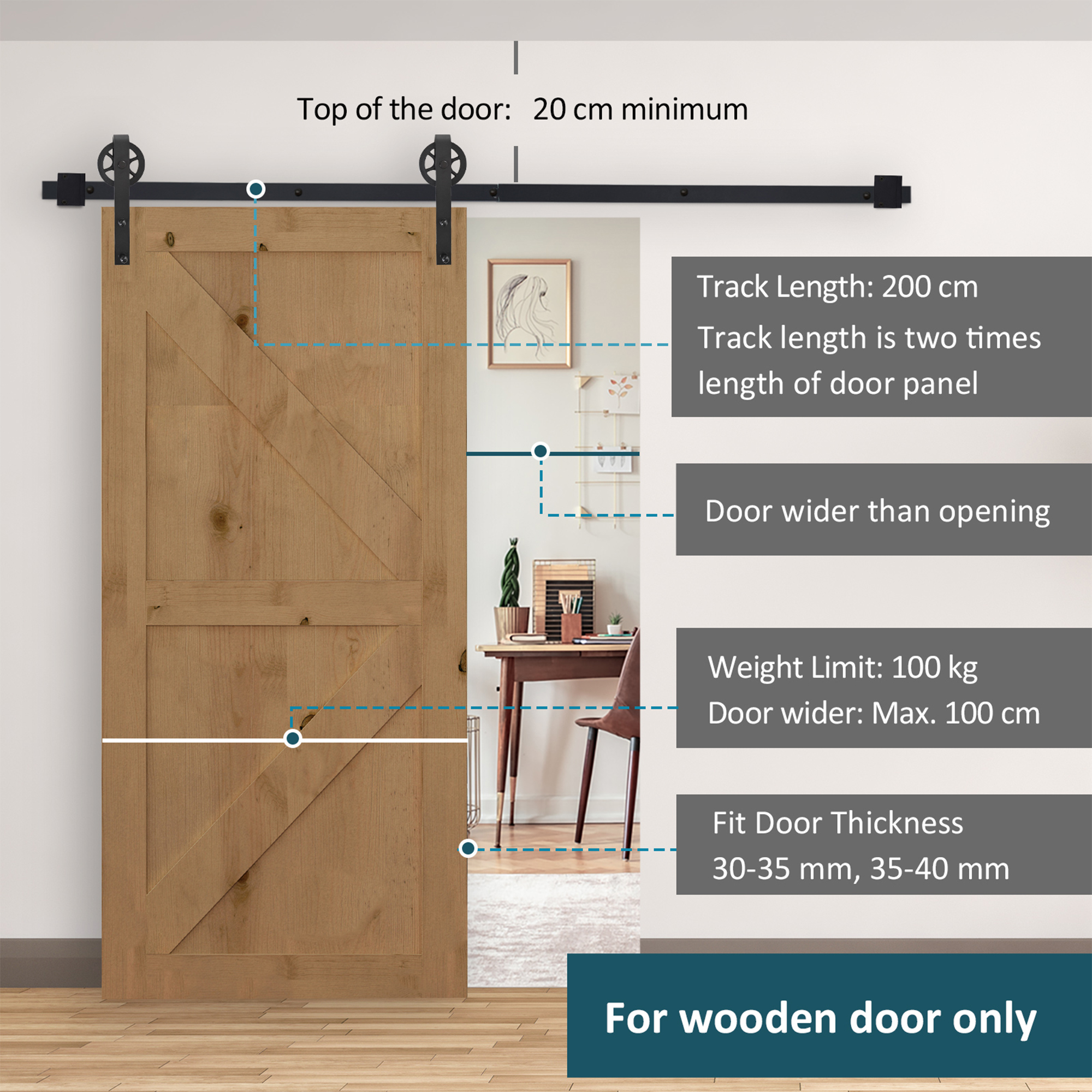 6.6 FT/ 2000mm Carbon Steel Sliding Barn Door Kits Hardware Closet Set Track System For Single Wooden Door Industrial Wheel Style Roller