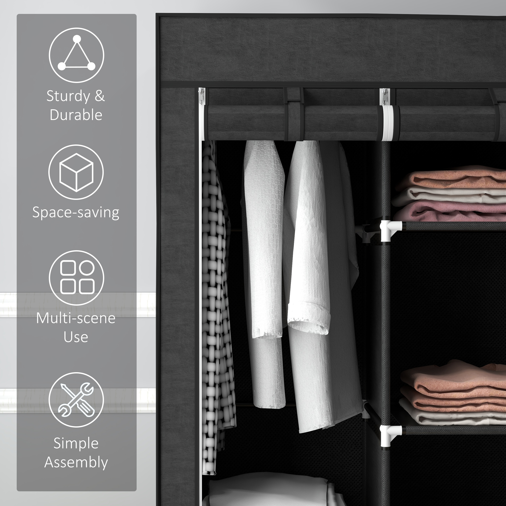 Fabric Wardrobe,with Rails And Shelves-Black