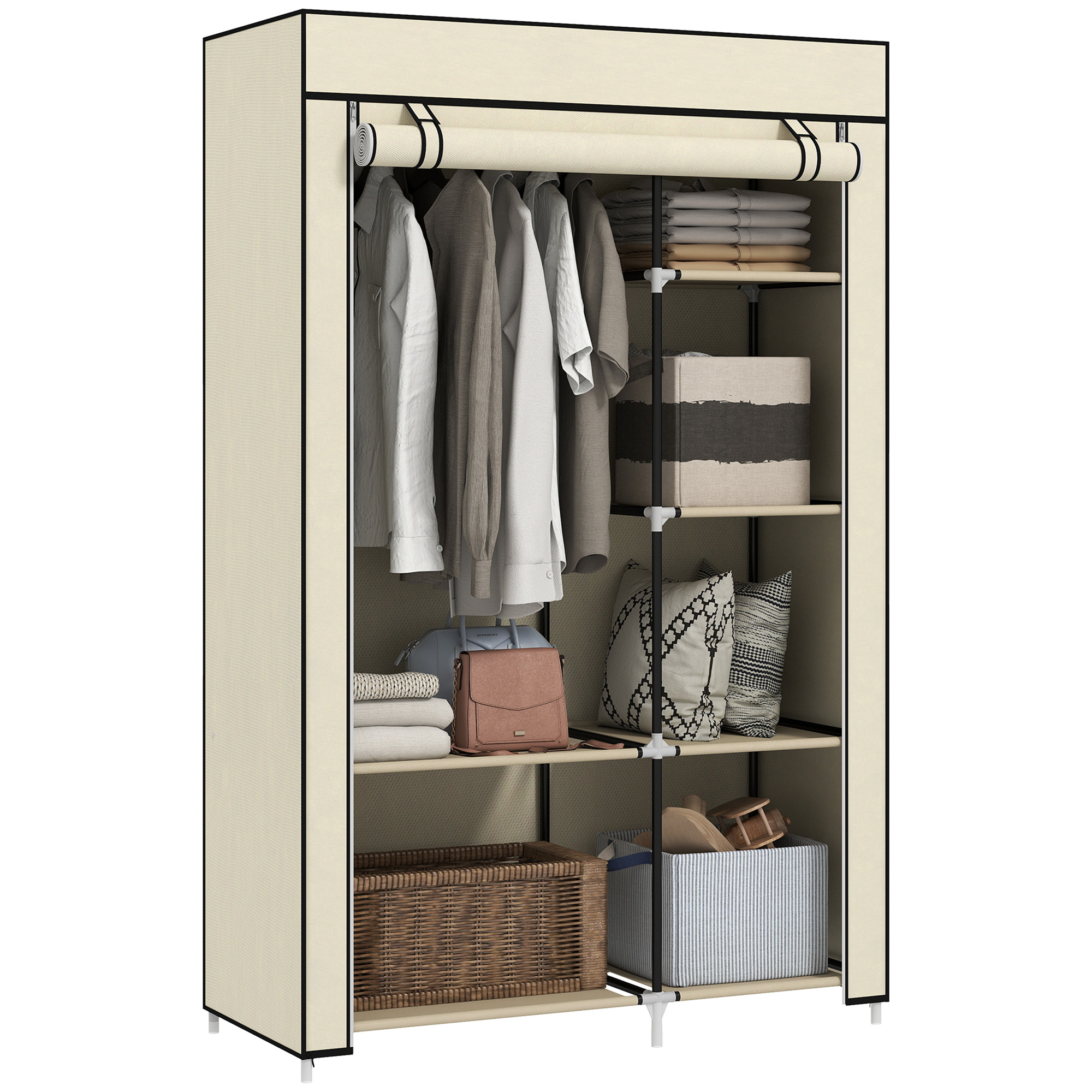 Fabric Wardrobe W/ Shelves Hanging Rail Foldable Wardrobe Cream