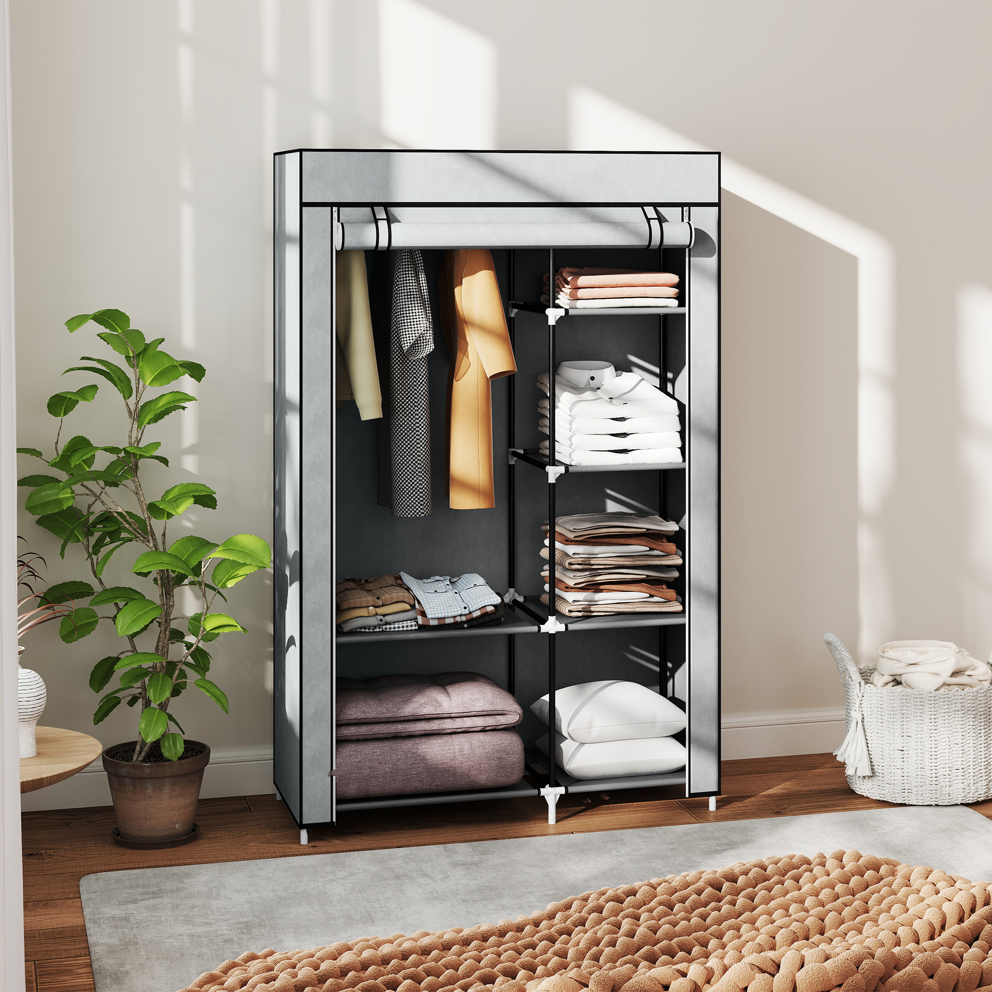 Fabric Wardrobe W/ Shelves Hanging Rail Foldable Wardrobe Light Grey