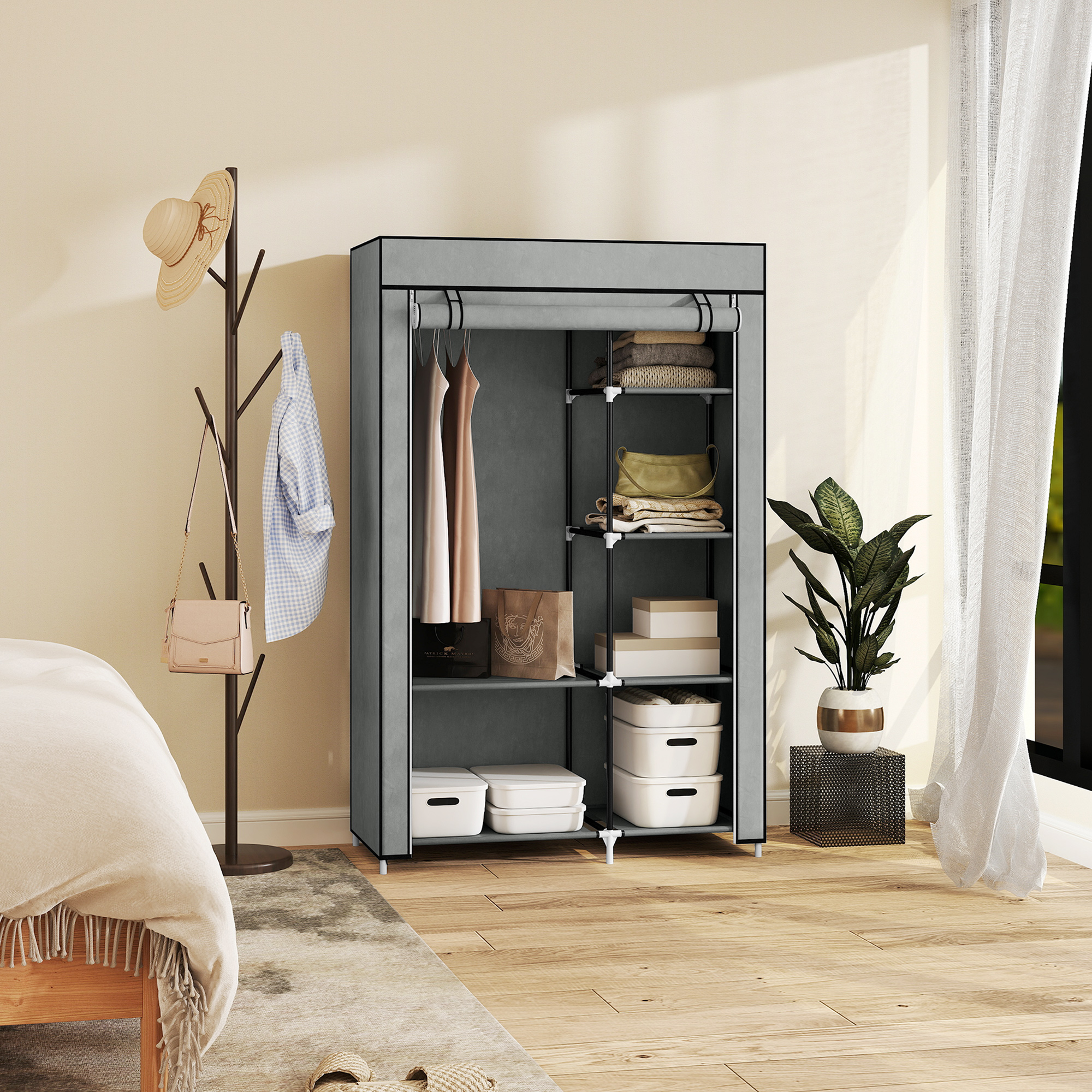 Fabric Wardrobe W/ Shelves Hanging Rail Foldable Wardrobe Light Grey