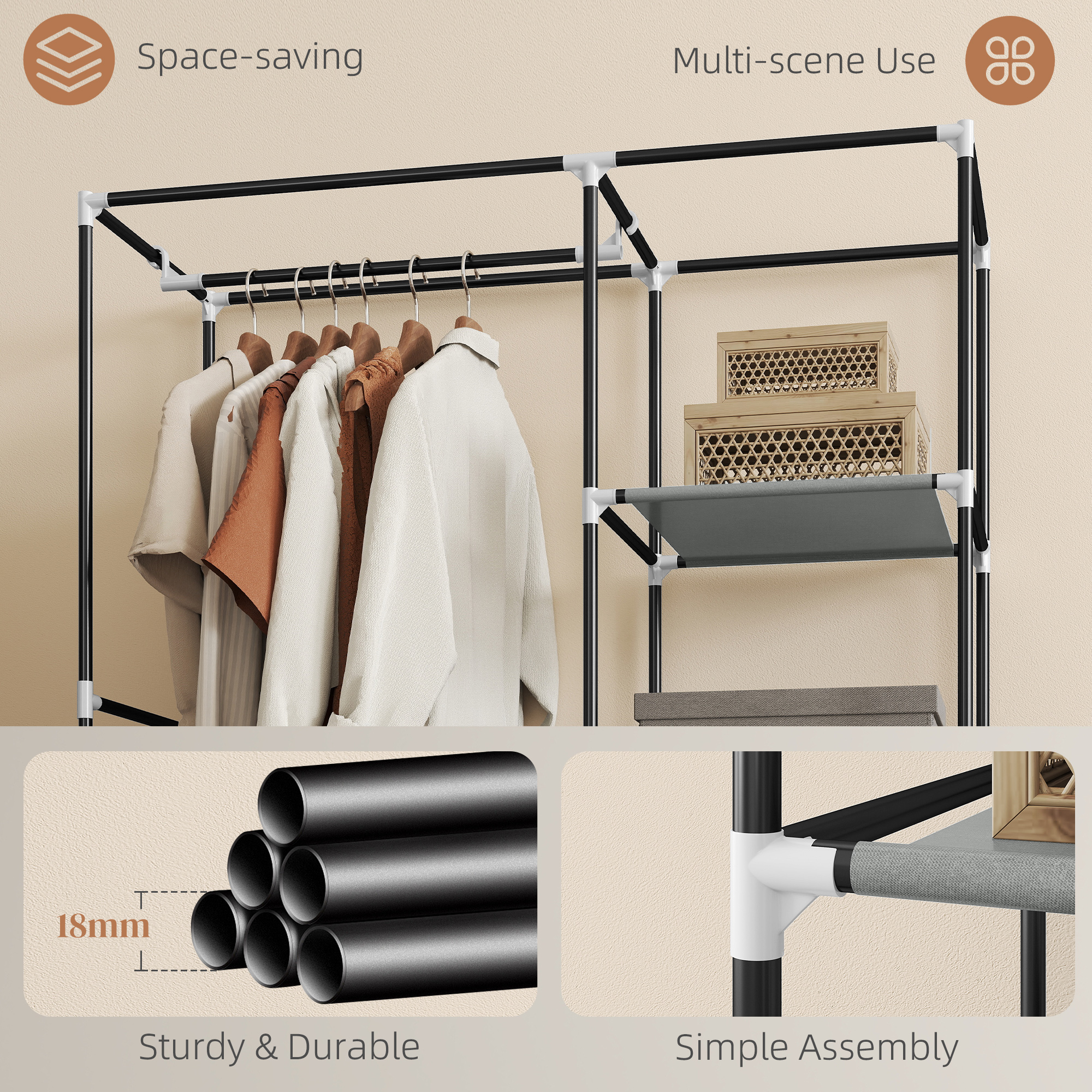 Fabric Wardrobe W/ Shelves Hanging Rail Foldable Wardrobe Light Grey