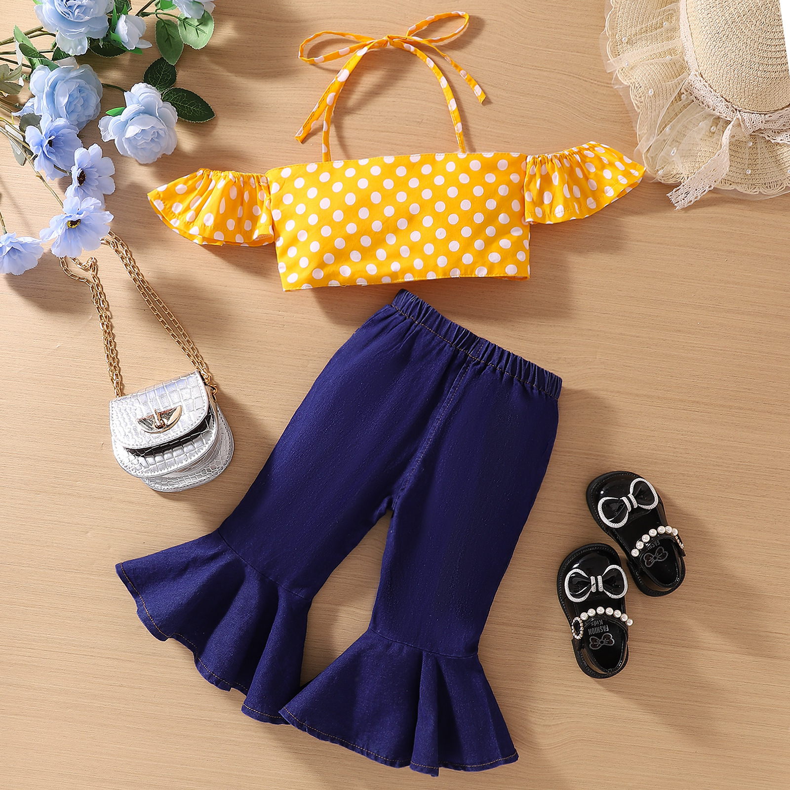 Girls' Yellow With Polka Dots Suspender Flared Jeans Suit