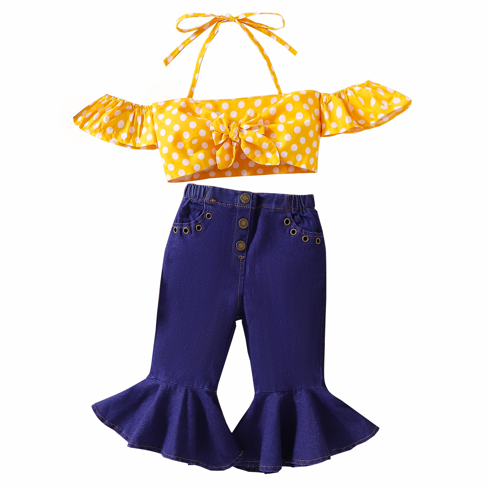 Girls' Yellow With Polka Dots Suspender Flared Jeans Suit