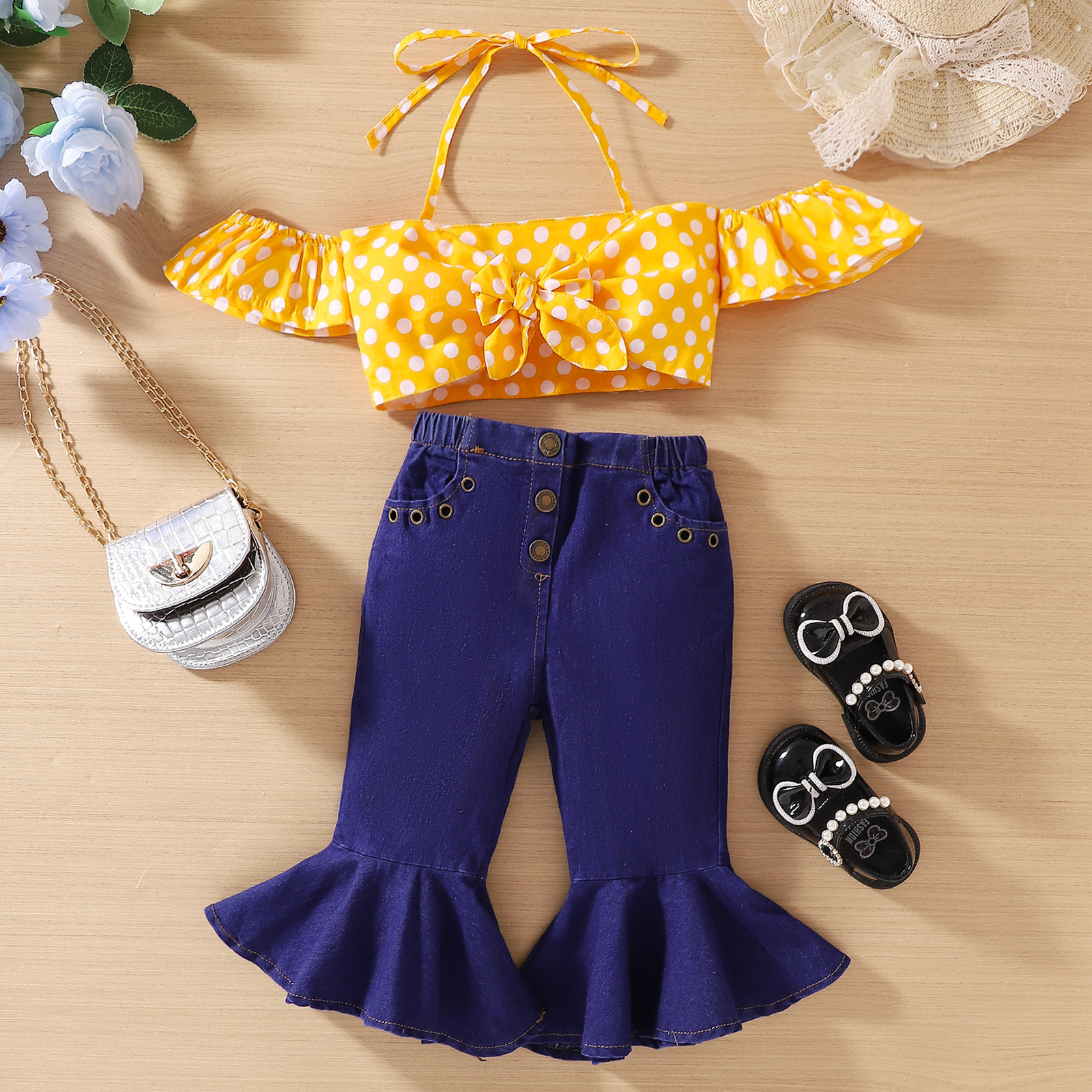 Girls' Yellow With Polka Dots Suspender Flared Jeans Suit