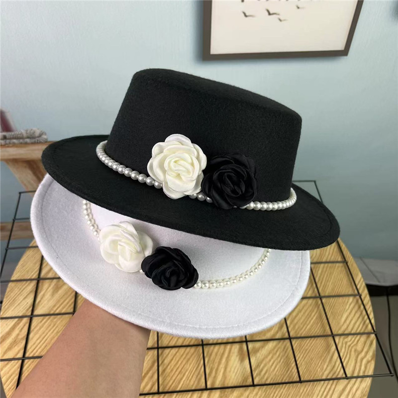 Vintage Top Hat Female Pearl Chain Flower Woolen Flat Hat