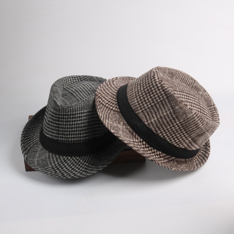 Small Stylish Top Hat Female Houndstooth Woolen Hat