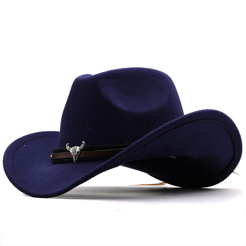 Metal Bull Head Label Western Denim Top Woolen Fedora Hat