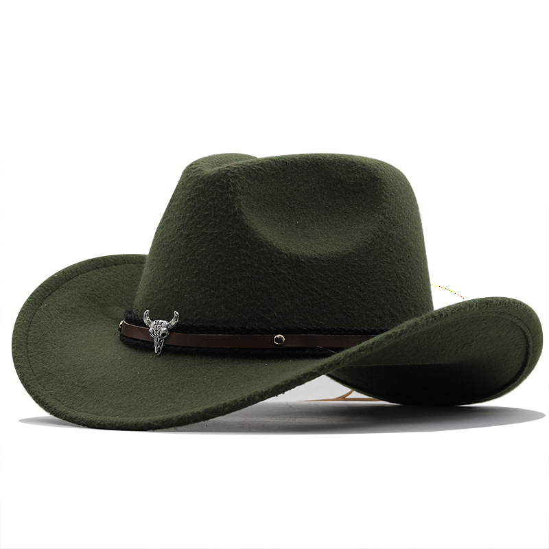 Metal Bull Head Label Western Denim Top Woolen Fedora Hat