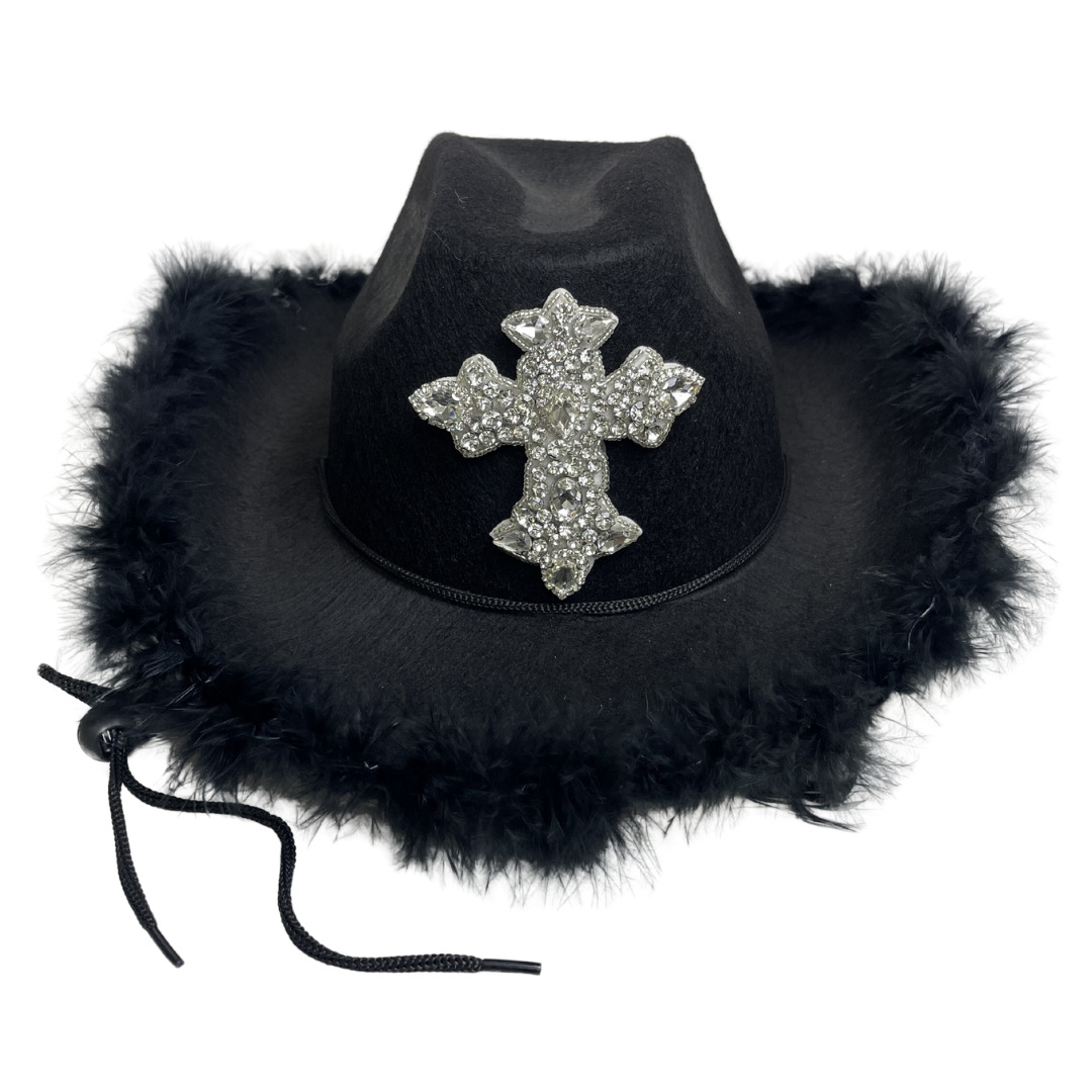 Rhinestone Burr Cowboy Hat Diamond Cross Black Performance Cap