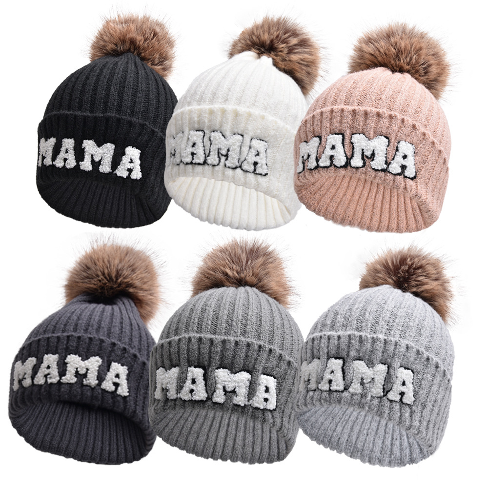 Letter MAMA Woolen Cap Outdoor Fur Ball Warm Hat