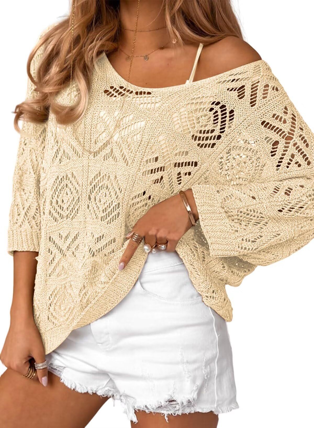 European And American Spring And Summer Crochet Hollow-out Three-quarter Sleeve Pullover Sweater Off-the-shoulder T-shirt