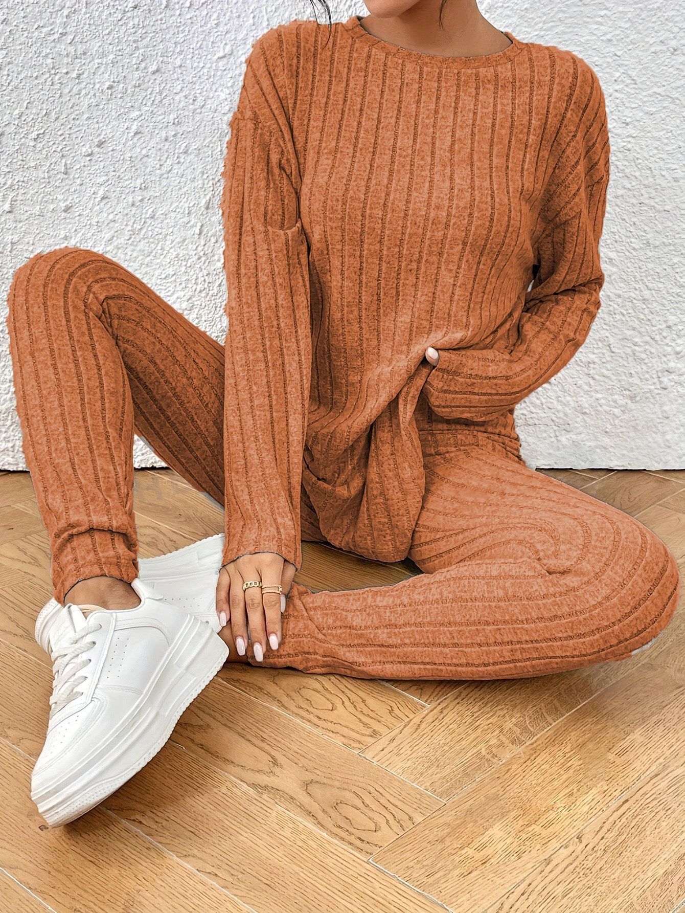 Fashion Casual Loose Round Neck Sunken Stripe Knitting Suit