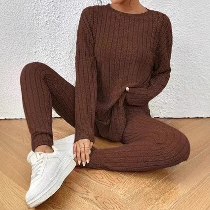 Fashion Casual Loose Round Neck Sunken Stripe Knitting Suit