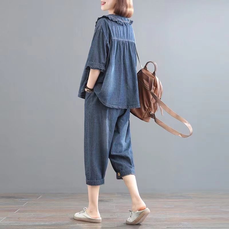 Fat Women's Clothing Plump Girls Flab Hiding Embroidery Loose Two-piece Suit