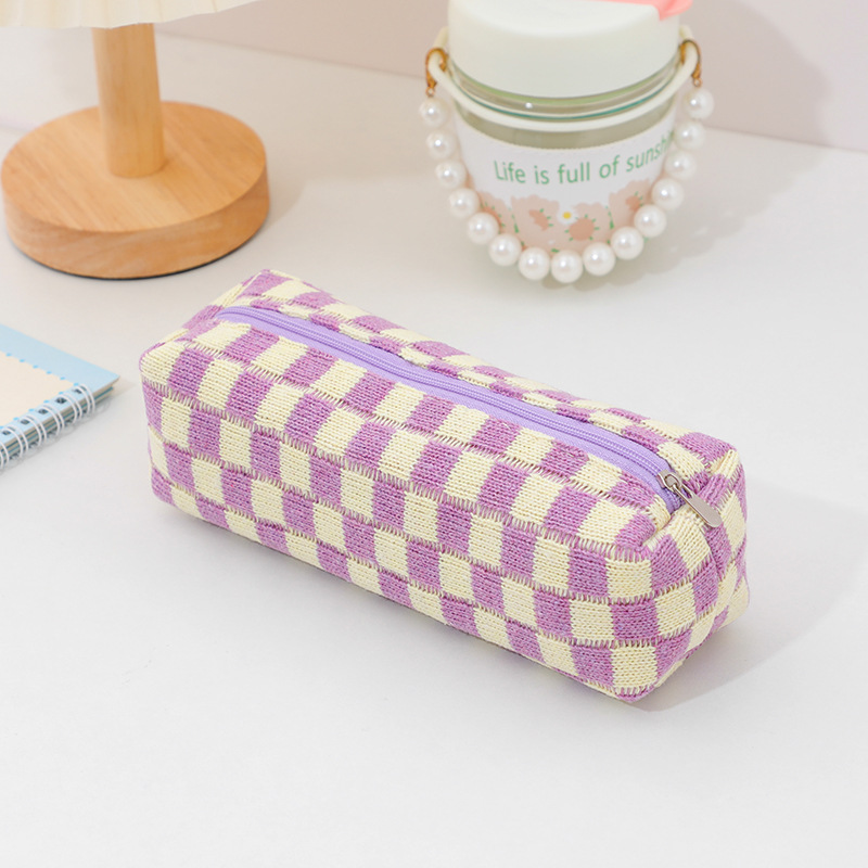 Korean-style Knitted Wool Chessboard Grid Pencil Case Simple Storage Bag