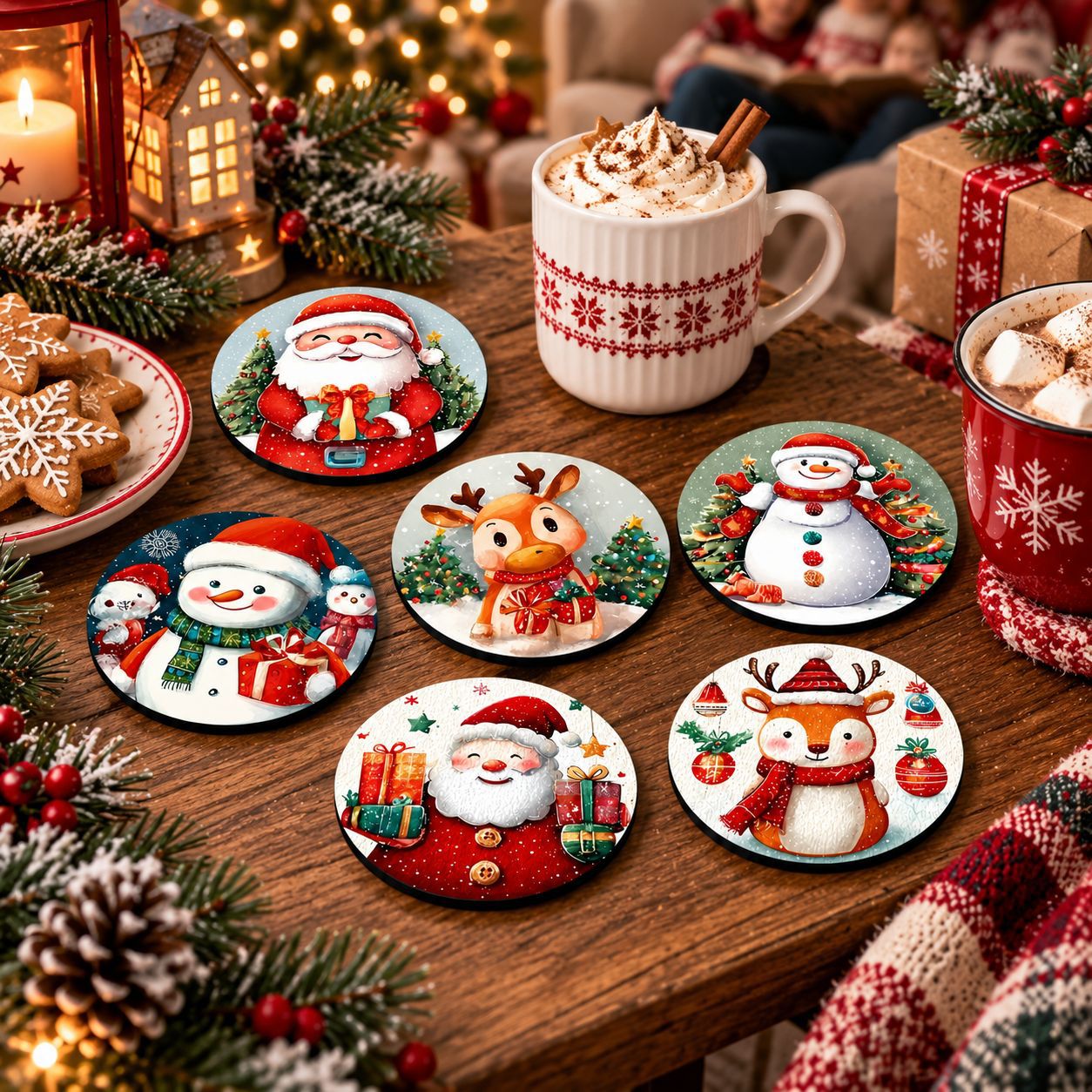 Santa Claus And Snowman Wooden Drink Coaster Craft Decorations