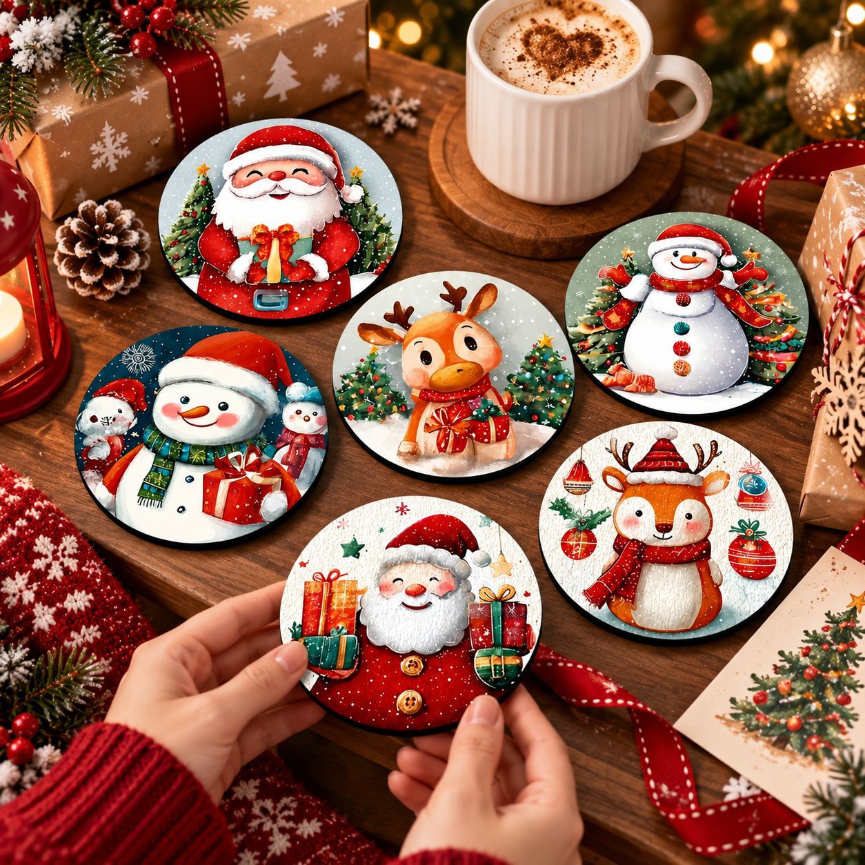 Santa Claus And Snowman Wooden Drink Coaster Craft Decorations