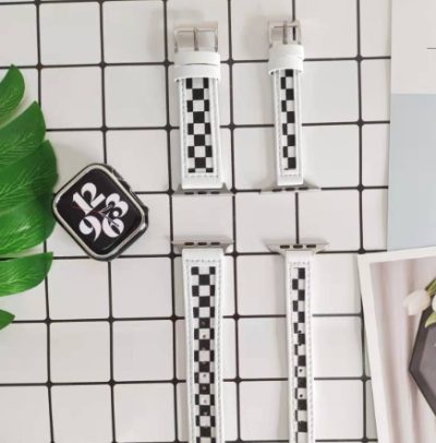 Iwatch7 654321 Black And White Checker Canvas Leather Strap