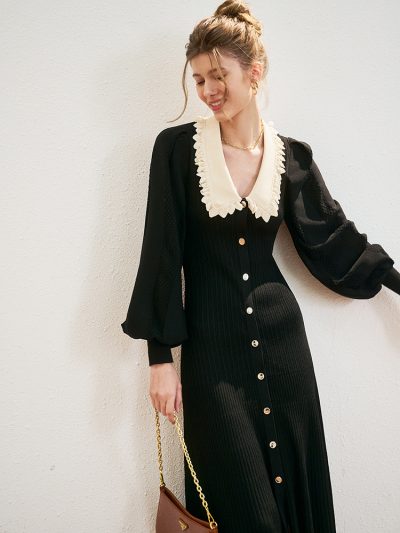 Early Autumn Color Bump Lapel Slim Sweater Women's Single Breasted Long Sleeve Small Black Long Skirt