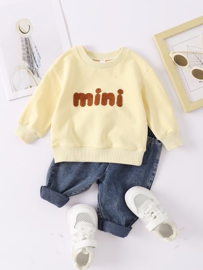 Boys And Girls Casual Letter Print Pullover Sweater Jeans Two-piece Set