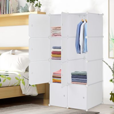 Deepened 4-layer 8-compartment Cube-shaped Wardrobe With 1 Hanging Rod, Plastic And Steel Wire, 72x47x142cm, Natural White Door, Natural White Cabinet Body, N001, Freely Assembled, DIY Style