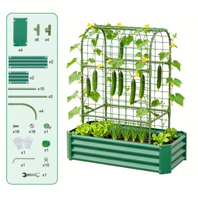 2-in-1 Raised Garden Bed with Trellis - 59" Tall Arch Planter Box for Climbing Plants, Outdoor Galvanized Metal Gardening Bed for Vegetables, Fruits, Flowers (Green, 4x2x1 Ft)