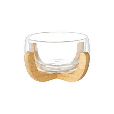 Glass Salad Bowl With Bamboo Stand, Clear Transparent Glass Serving Bowl, Fruit Dessert Bowl For Kitchen Dining Table Home Decoration
