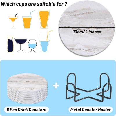 Ceramic Drink Coasters 6 PCS With Holder, Absorbent Marble Style Coaster Set For Coffee Table, Wooden Table, Cups And Home Decor