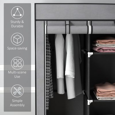 Fabric Wardrobe For Bedroom,Portable Wardrobe With 5 Shelves,2 Hanging Rails And 3 Fabric Drawers,Foldable Closet,125 X 43 X 162.5cm,Dark Grey