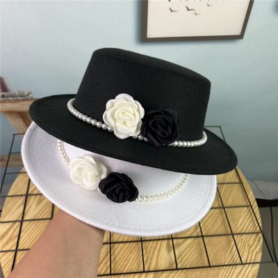 Vintage Top Hat Female Pearl Chain Flower Woolen Flat Hat