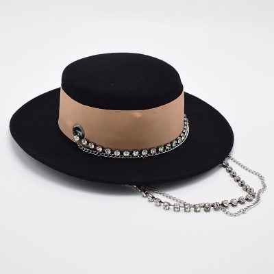 Wide Brim Flat Top Woolen Hat Women's Pearl Chain Felt Cap