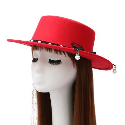 Flat Top Hat Women's Pearl Wool Felt Hat