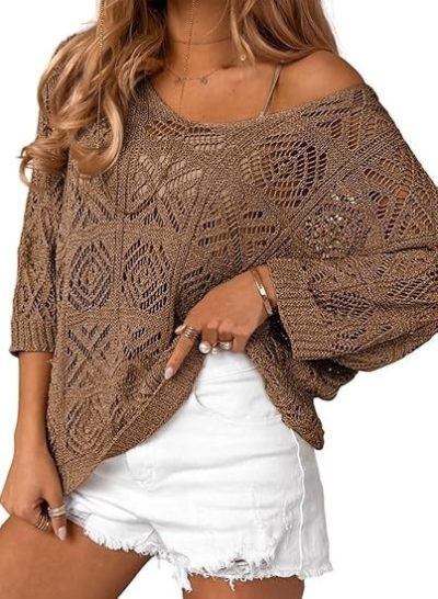 European And American Spring And Summer Crochet Hollow-out Three-quarter Sleeve Pullover Sweater Off-the-shoulder T-shirt
